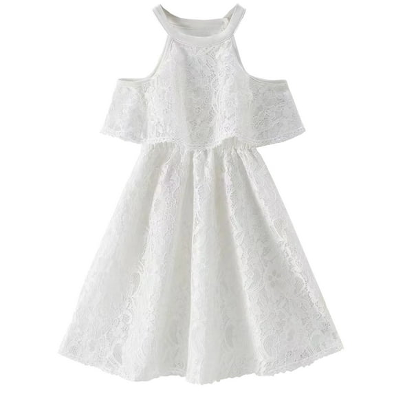 Kids Children Girls Summer Sleeveless Lace Neck Sleeveless Princess Dress White Dress For 6-7 Years