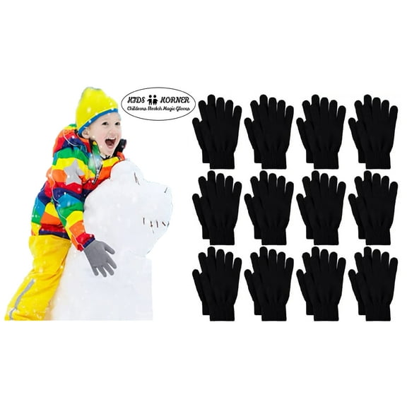 Kids Children's Winter Stretch Magic Gloves Youth Boy's 12-Pack Black - Children Ages 7-16 Yrs