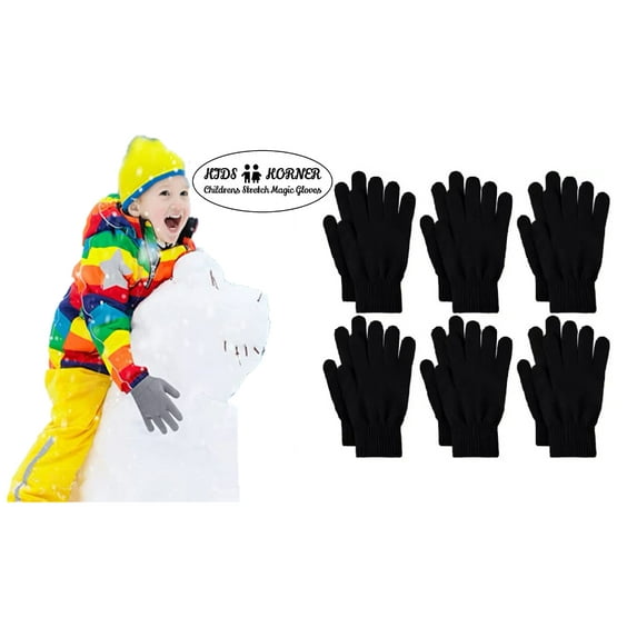 Kids Childrens Winter Stretch Magic Gloves Childrens Boy's 6-Pack Black - Children Age 7-16