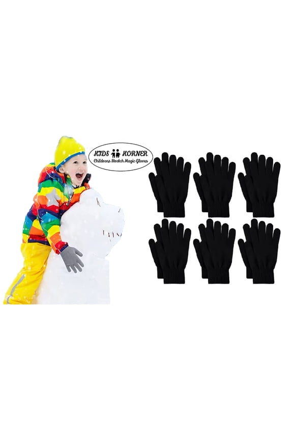 Kids Childrens Winter Stretch Magic Gloves Childrens Boy's 6-Pack Black - Kids Age 4-7