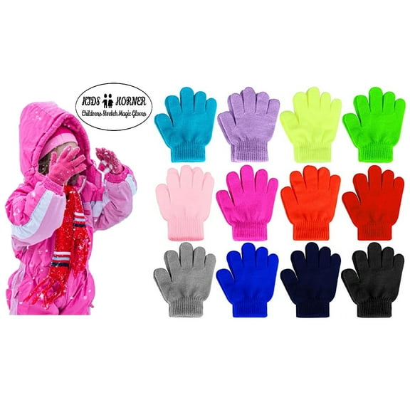 Kids Childrens Winter Stretch Magic Gloves Childrens Girl's 12-Pack Assorted Colors - Kids Age 4-7