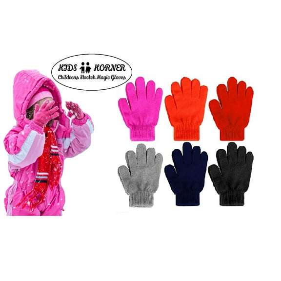 Kids Childrens Winter Stretch Magic Gloves Childrens Girl's 6-Pack Assorted Colors - Toddlers Age 2-5