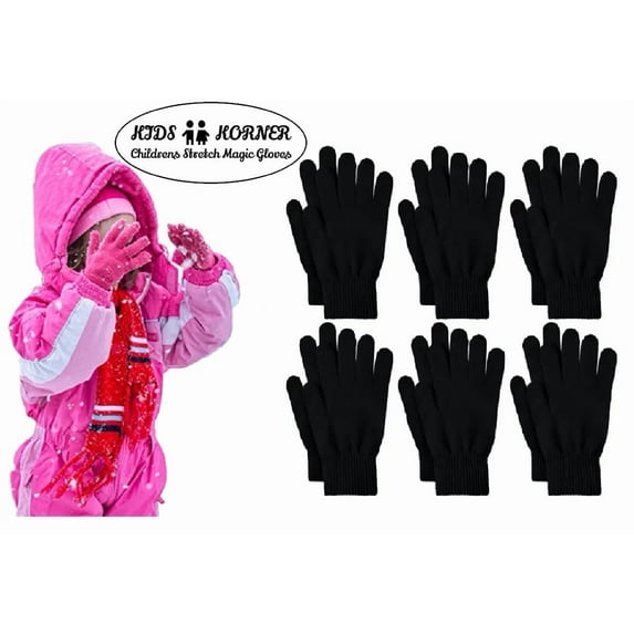 Kids Korner Youth Winter Stretch Gloves Childrens Girl's 6-PK Black Toddlers Aged 2-5 Yrs.