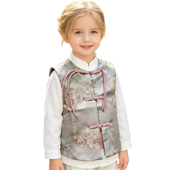 Kids Chinese Style Silk Vest Stand Collar Mandarin Collar Button Sleeveless Jacket Traditional Tang Suit Waistcoat for Boys Girls Spring Summer Fall 2-13Y