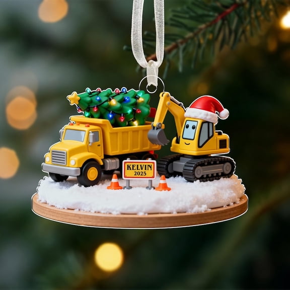 Kids Christmas Construction Ornament – Personalized Name Kids Ornament, Truck & Excavator Gift for Boys, Toddler Xmas Gift