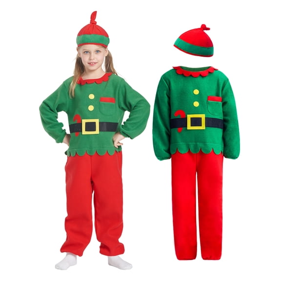 Kids Christmas Costume, 2 Pcs Xmas Elf Hat Onesie Suit Velvet Jumpsuit for Boys Girls Party Cosplay 6-8 Years