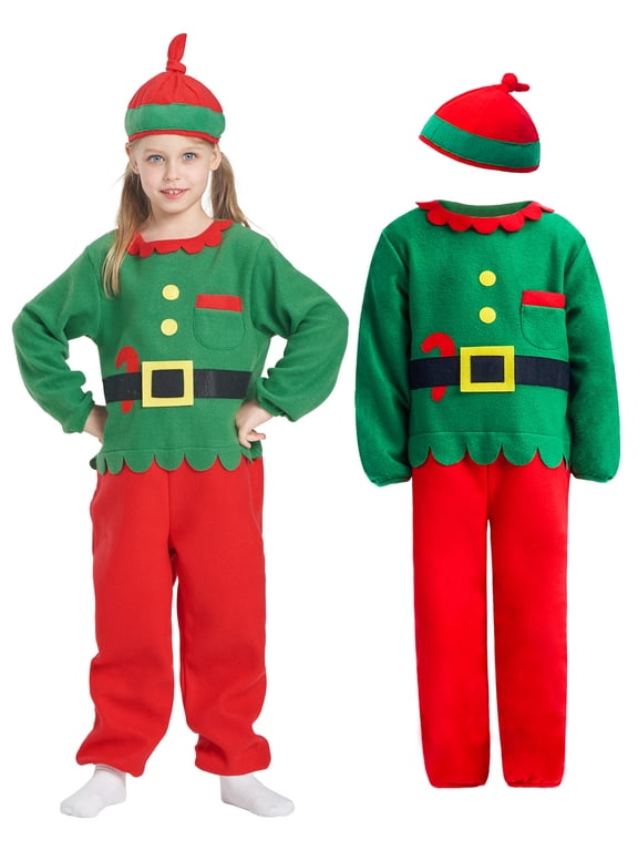 Kids Christmas Costume, 2 Pcs Xmas Elf Hat Onesie Suit Velvet Jumpsuit for Boys Girls Party Cosplay 6-8 Years