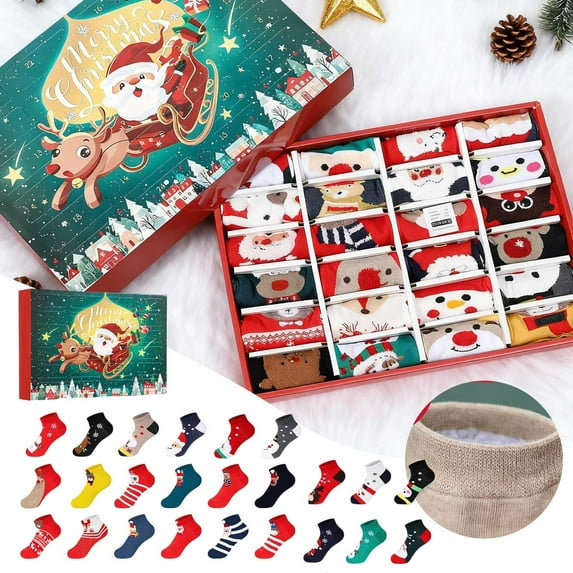 Countdown Sets Socks Advent Calendar for Kids Featuring 24 Days of Festive Designs Including Santa and Snowman Patterns