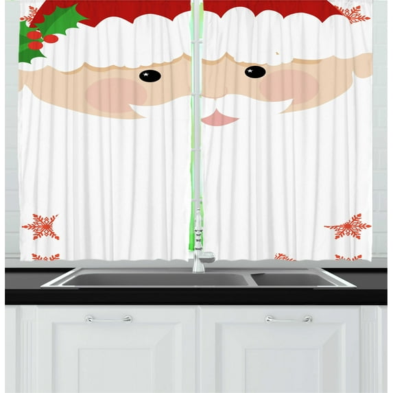 Kids Christmas Curtains 2 Panels Set, Cartoon Face of Santa with Pink Cheeks White Beard and Mistletoe on His Hat, Window Drapes for Living Room Bedroom, 55W X 39L Inches, Multicolor, by Ambesonne