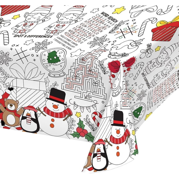 Kids' Christmas Disposable Coloring Tablecloth & Festive Poster with Santa & Snowman, 54x88in | Perfect for Xmas Christmas Party Decorations, Activities & More