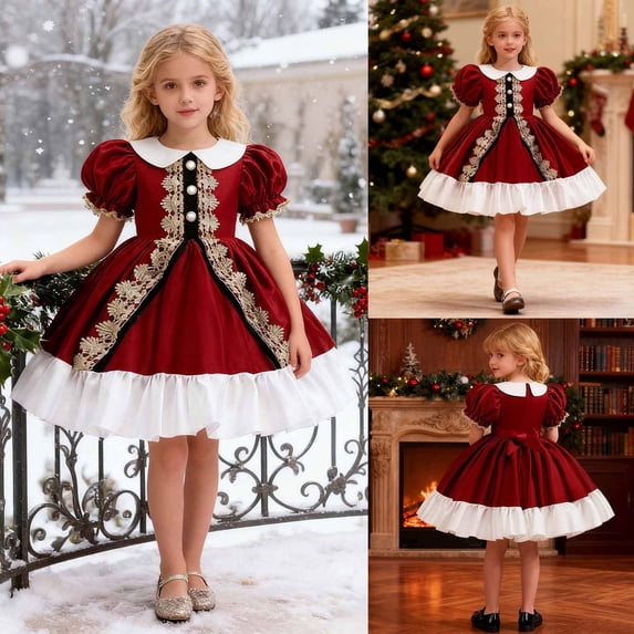 Kids Christmas Dress for Girls Long Sleeve Christmas Embroider Pageant Red Dress for Girls Kids Girl Christmas Outfit Girls Fancy Dress 6-7 Years