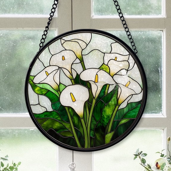 Kids Christmas Gift - White Calla Lily Flowers Christmas Stained Glass Hanging Ornament - Winter Holiday Tree Decoration, Xmas Gift for Mom, Dad, Friends, Family