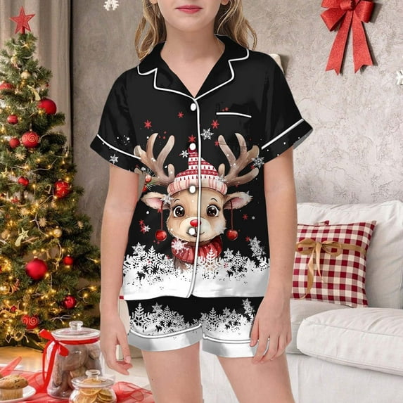Kids Christmas Pajama Set Green Girls Silk Pajamas Button-Down Top With Pants 2 Piece Christmas Outfit Kids Girls Pajamas 4-5 Years