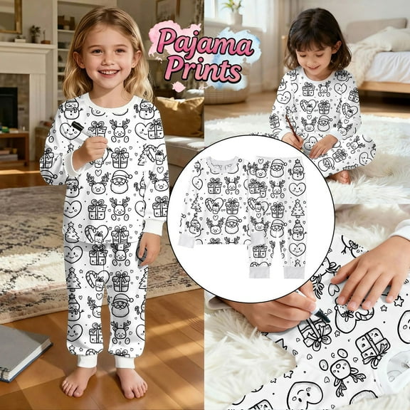 Kids Christmas Pajamas Cartoon Doodle Print Long Sleeve Cozy 2 Piece Pajama Set Holiday Family Home Sleepwear Christmas Pjs Kids White