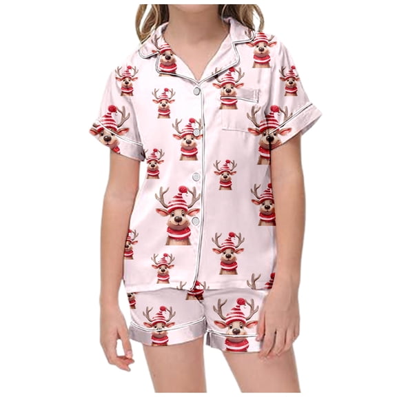 Kids Christmas Pajamas Christmas Satin Silk Pajama Set Short Sleeves Button Down Shirt Shorts Classic 2 Piece Sleepwear Christmas Pjs for Girls Light Pink