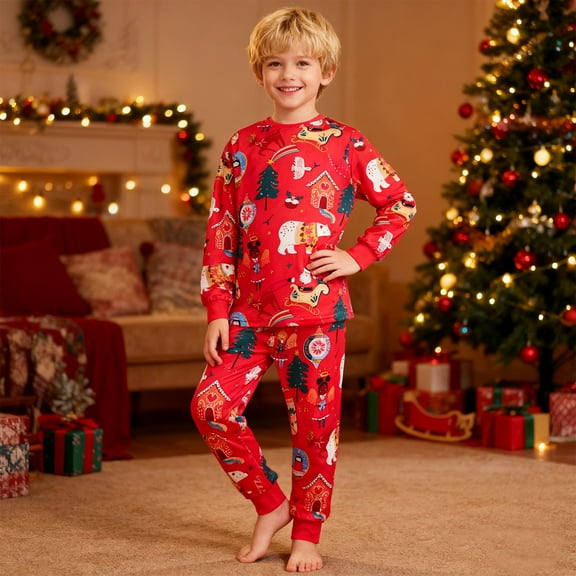 Kids Christmas Pajamas Long Sleeve Top Pants Holiday Themed Print Sleepwear Cozy Family Matching Outfit Christmas Pjs for Girls Red