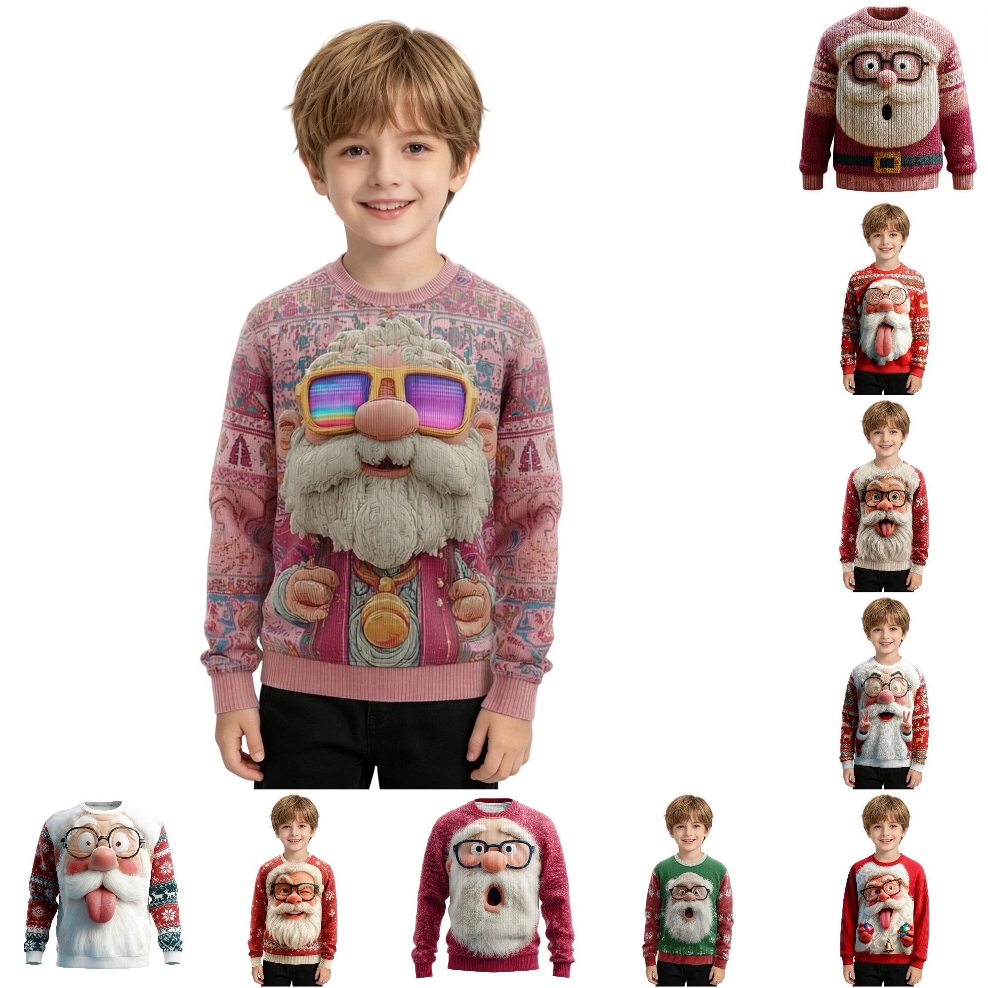 Kids Christmas Santa 3D Print Pullover Holiday Sweater Long Sleeve Red Top Boys Girls 3-14Y