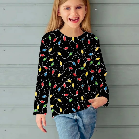 Kids Christmas Shirts 2024 Christmas Shirts for Girls Boys Christmas Shirt 3-14 Years Christmas Long Sleeved Top for Boys and Girls Children's Pullover Base Shirt