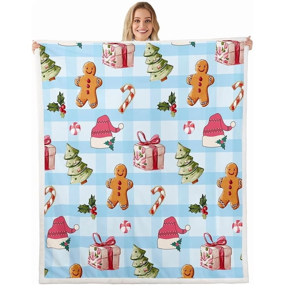 Kids Christmas Theme Fleece Throw Blanket Baby 30"x40" Xmas Tree Cute Gingerbread Man Sherpa Blanket Plush Fuzzy Boys Girls Blue White Plaid Winter Hat Candy Cane for Bed Chair Living Room
