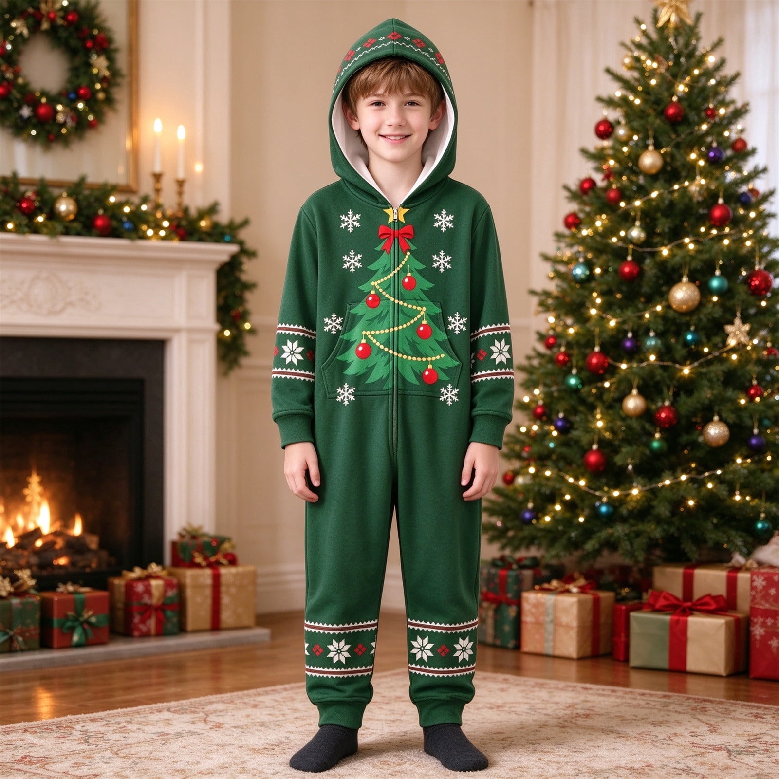 Santa Elf Project Kids Christmas Tree Print Elf Hooded Jumpsuit Dark Green Air Layer ...