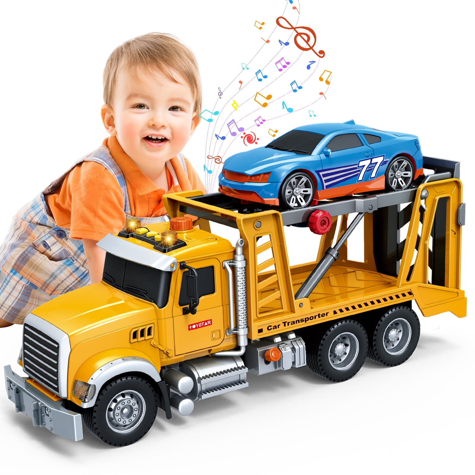 Kids City Carrier Truck with Car Toys, 15" Large Carrier Car Rescue Toy, Friction Powered Transport Rescue Truck Toy with Lights and Sounds, Play Vehicle Toys for Kids