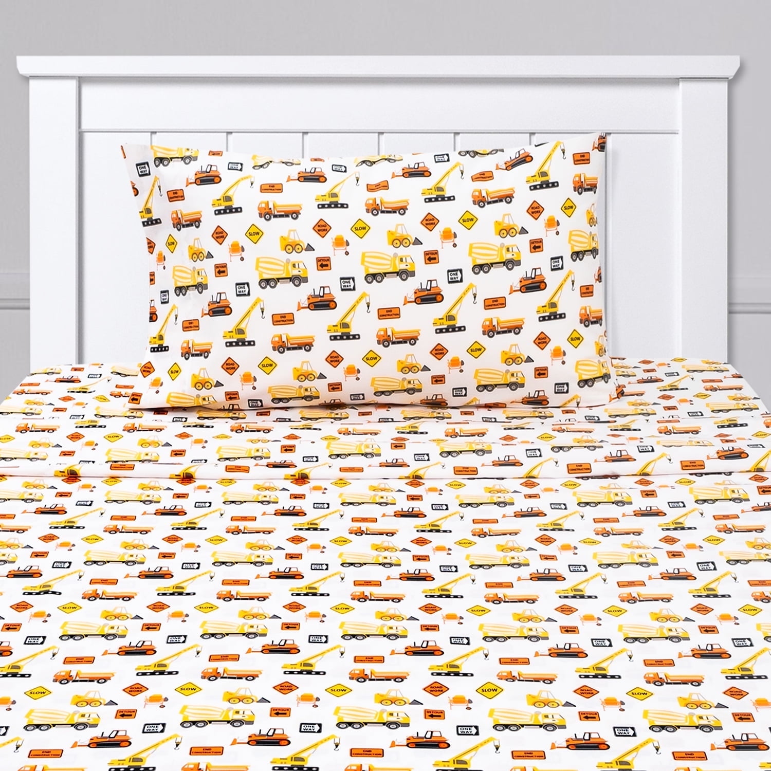 Construction Trucks White Microfiber Twin XL Kids Sheet Set