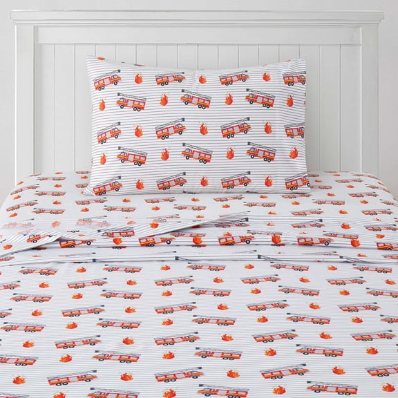 Kids Classic Printed Microfiber Sheet Sets, Ultra Soft Fitted Sheets with Straps - Fire Trucks, Twin Size