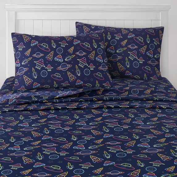 Kids Classic Printed Microfiber Sheet Sets, Ultra Soft Fitted Sheets with Straps - Neon Space, Full Size