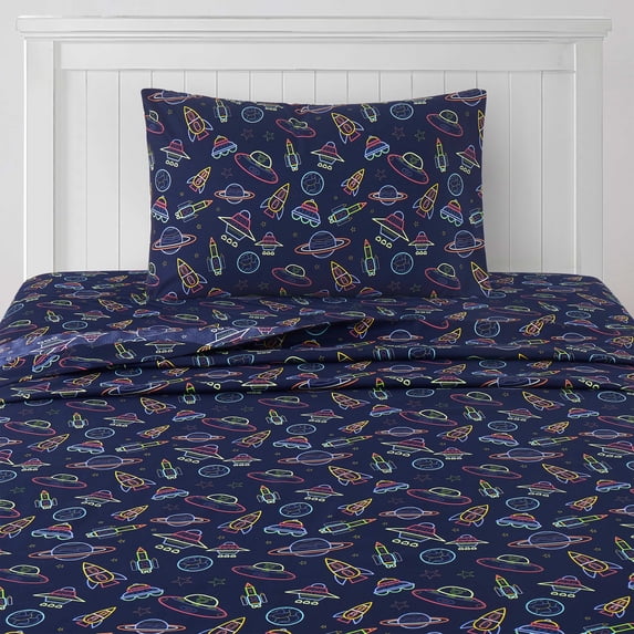 Kids Classic Printed Microfiber Sheet Sets, Ultra Soft Fitted Sheets with Straps - Neon Space, Twin XL Size