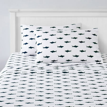 Kids Classic Printed Microfiber Sheet Sets, Ultra Soft Fitted Sheets with Straps - Sharks, Full Size