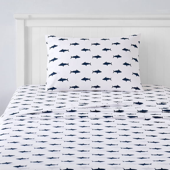 Kids Classic Printed Microfiber Sheet Sets, Ultra Soft Fitted Sheets with Straps - Sharks, Twin Size