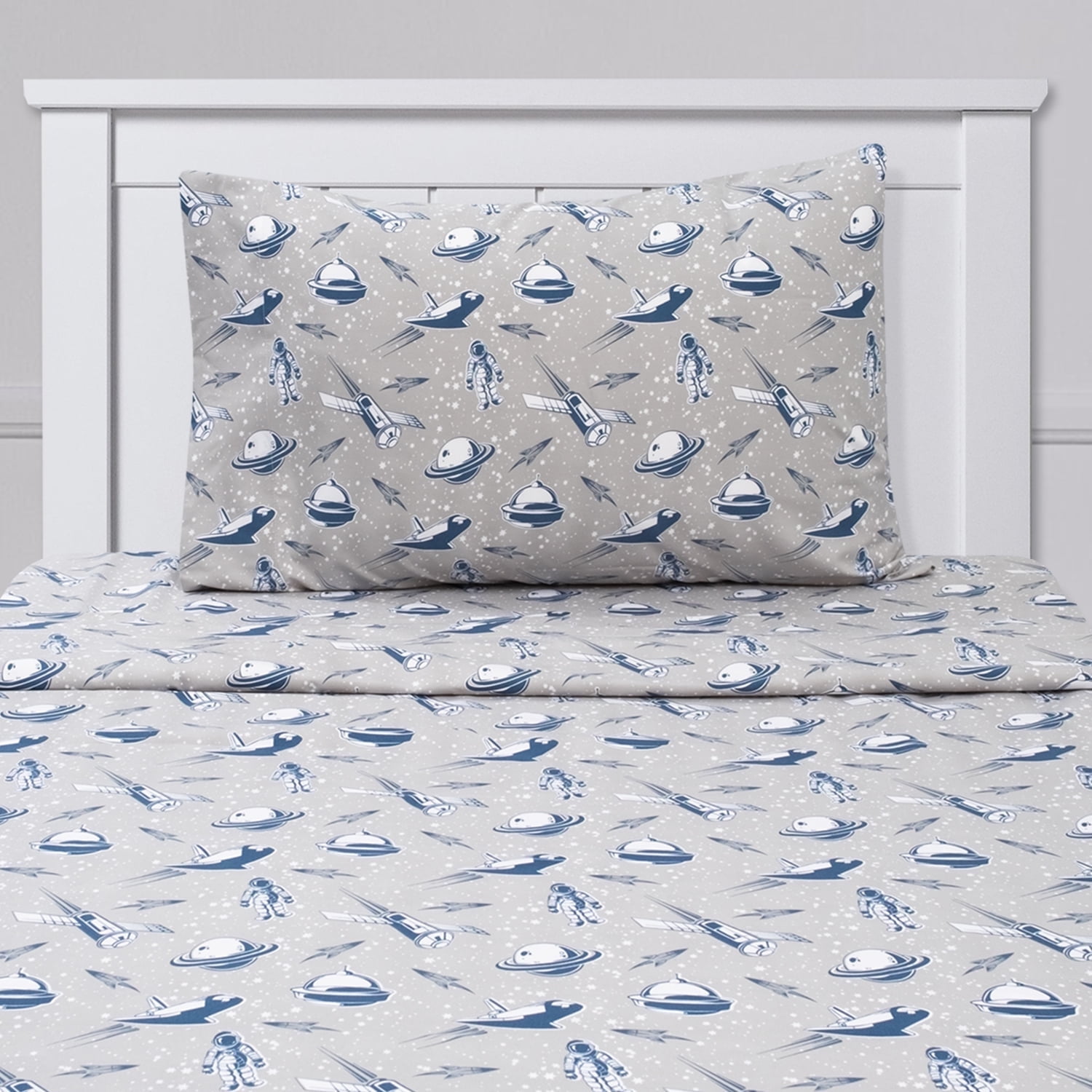 Twin Blue and Gray Spaceship Print Microfiber Sheet Set
