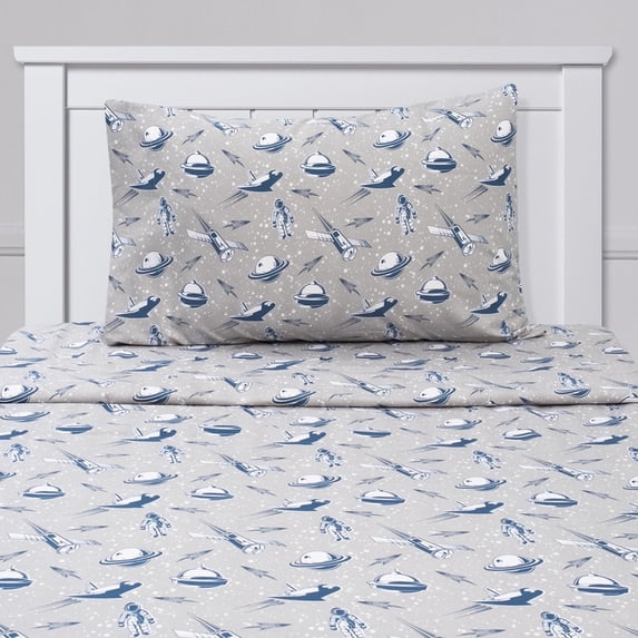 Kids Classic Printed Microfiber Sheet Sets, Ultra Soft Fitted Sheets with Straps - Spaceships, Twin XL Size