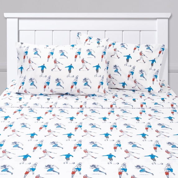 Kids Classic Printed Microfiber Sheet Sets, Ultra Soft Fitted Sheets with Straps - Sports, Full Size