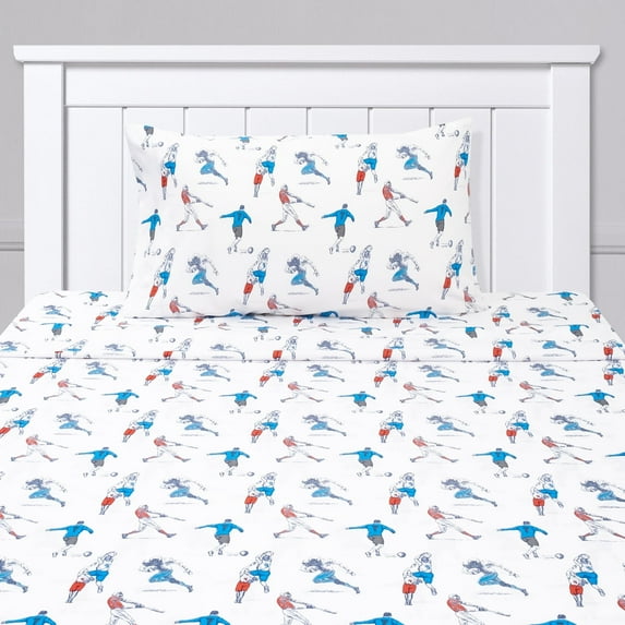 Kids Classic Printed Microfiber Sheet Sets, Ultra Soft Fitted Sheets with Straps - Sports, Twin Size