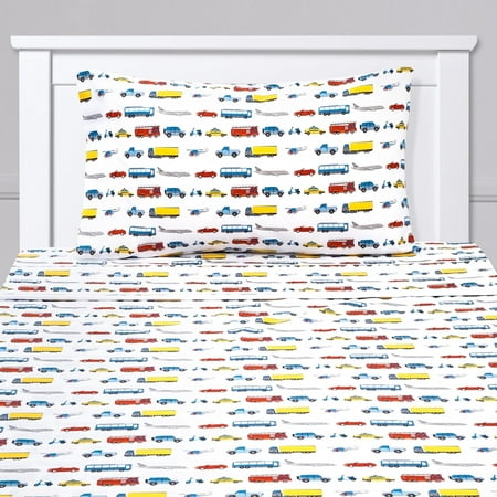 Kids Classic Printed Microfiber Sheet Sets, Ultra Soft Fitted Sheets with Straps - Transportation, Twin Size