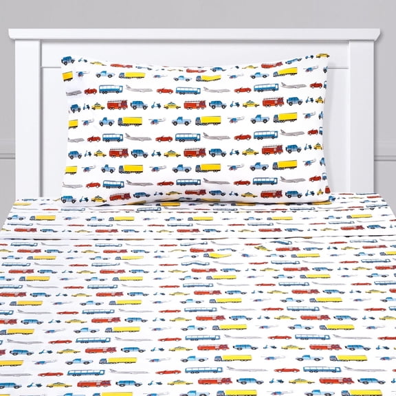 Kids Classic Printed Microfiber Sheet Sets, Ultra Soft Fitted Sheets with Straps - Transportation, Twin Size