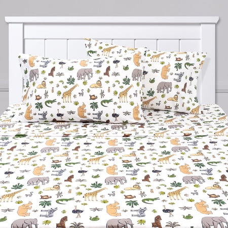Kids Classic Printed Microfiber Sheet Sets, Ultra Soft Fitted Sheets with Straps - Wild Safari Animals, Full Size