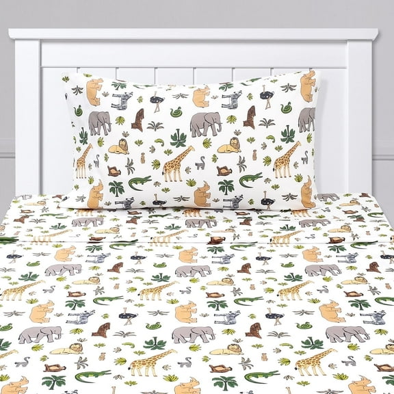 Kids Classic Printed Microfiber Sheet Sets, Ultra Soft Fitted Sheets with Straps - Wild Safari Animals, Twin Size