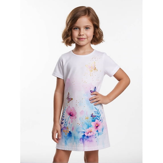 Kids Classic Short Sleeve Dress Relaxed-Fit Classic Round Neck Summer Dress for Girls Junior Girls Age 7-13 Basic Design