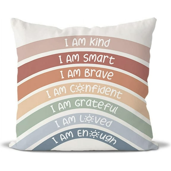 Kids Classroom Reading Corner Rainbow Throw Pillow Covers 18x18, Positive Affirmations Pillow Case Decor for Calming Corner Cozy Corner Nursery Toddler Room Playroom（No Inset）