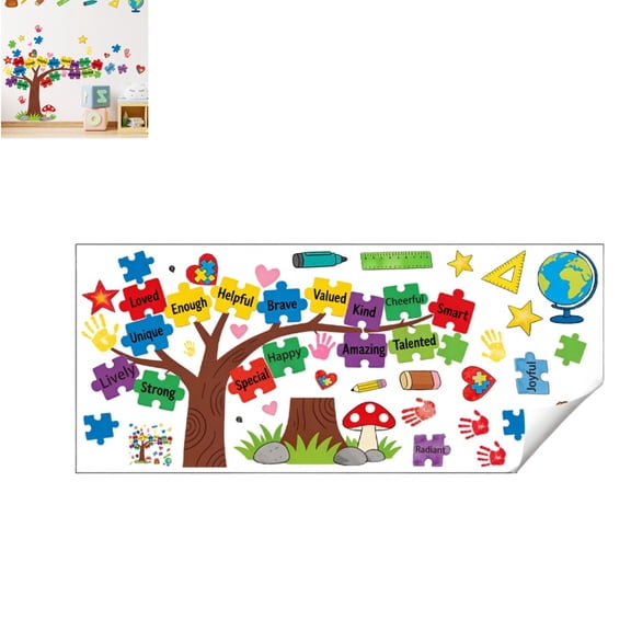 Kids Classroom Wall Decal, PuzzlePiece Inspirational Tree Motivational Wall Sticker for Classroom, Study Room Bedroom Decor