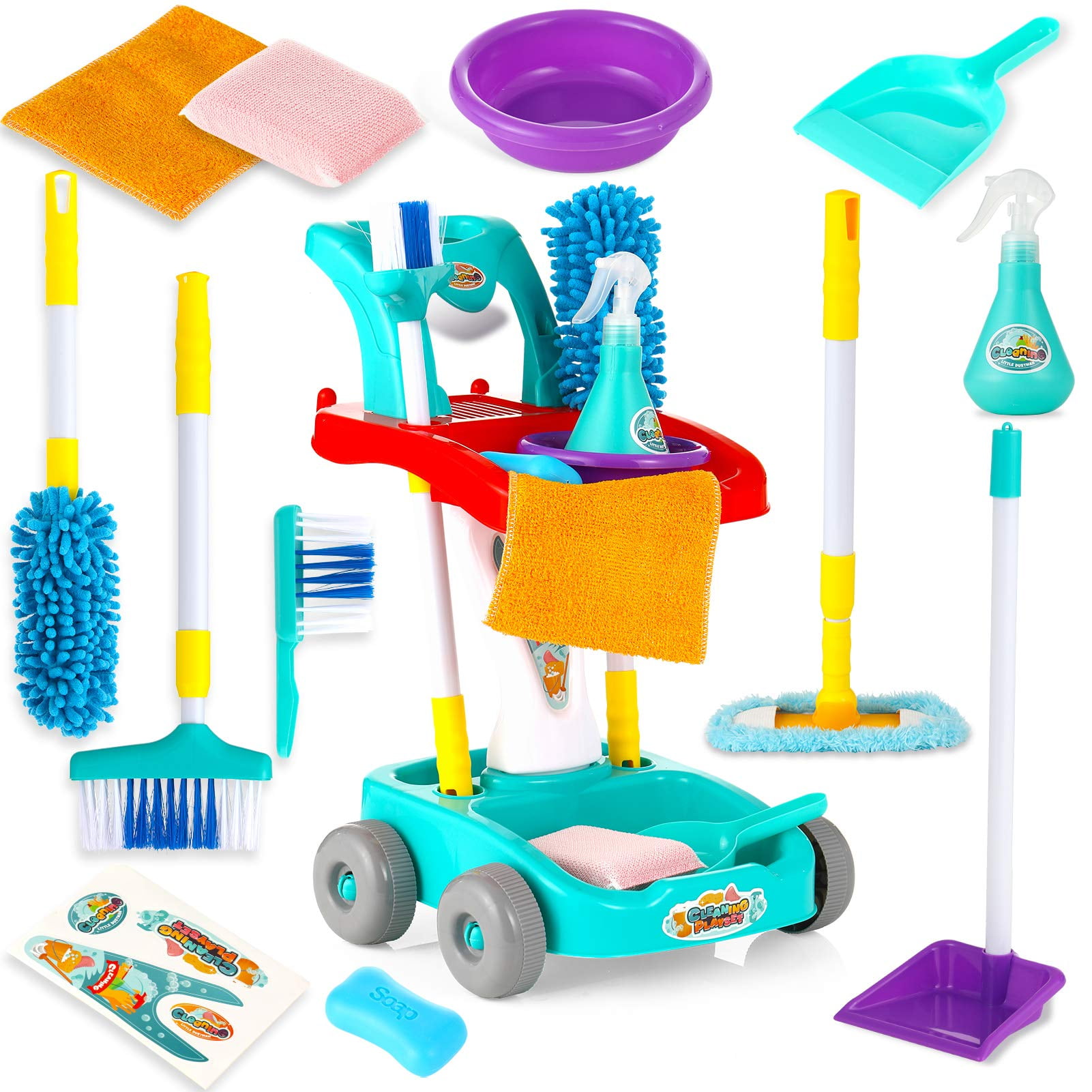 Playkidz Cleaning Caddy Set, 10Pcs Includes Spray, Sponge, Squeegee, Brush,  Organizer Caddy - Play Helper Realistic Housekeeping Set, Recommended for