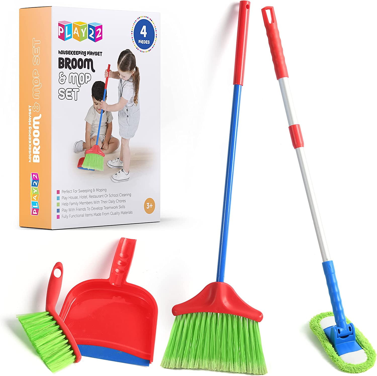 JustForKids Wooden Detachable Kids Cleaning Set - Duster, Brush, Mop, Broom  and Hanging Stand Play - Housekeeping Kit - STEM Toys for Toddlers Girls 