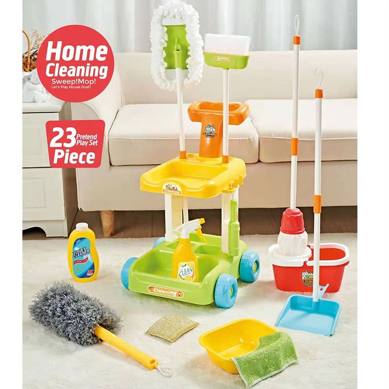 Kids Cleaning Set for Toddlers, Detachable 20 Pcs Pretend Play Set,  Educational Toddler Cleaning Carts