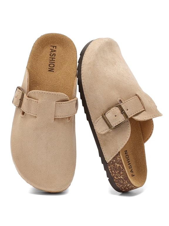 Kids Suede Clogs with Cork Footbed, Boys Girls Sandals Arch Support Slip-on Slippers Indoor Outdoor Adjustable Buckle Mules