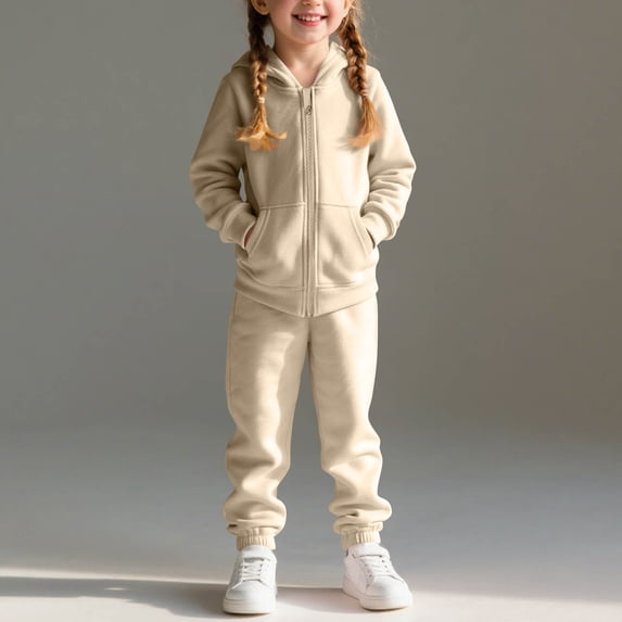 Kids Clothes 2 Piece Hooded Sweatshirt Two Piece Set Of Long Sleeve Hooded Set Open Zipper Sports Casual Tops And Pants For Boys And Girls with Solid Color And Velvet Added