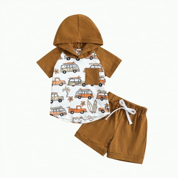Kids Clothes Boys Baby Boy Summer Cotton Solid Printed Short Sleeved Running Suit 6M 12M 18M 24M 3T 4T T-shirt with Elastic Waist Shorts Casual Outfits 2 Piece