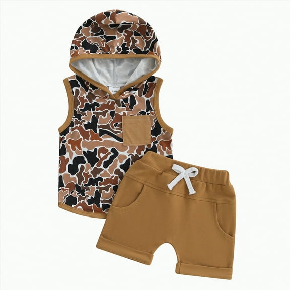 Kids Clothes Boys Baby Toddler Boy Summer Outfits Cotton Hooded Prints Short Sleeve Beach 3 6 12 18 24 Months 3T Tops And Shorts Set 2-Piece