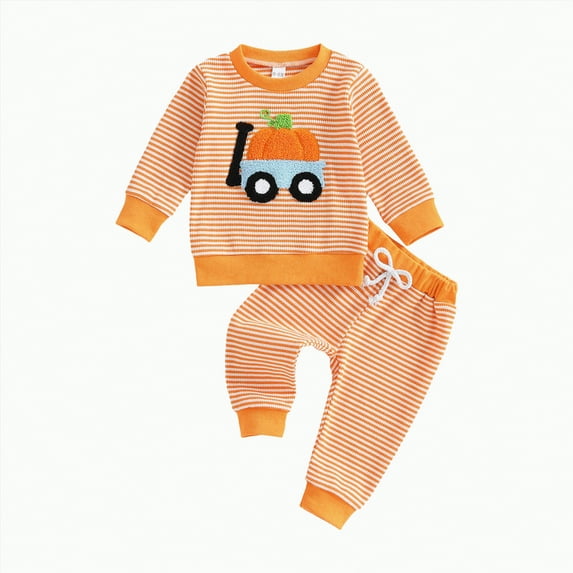 Kids Clothes Boys Fall/Winter Pumpkin Print Long Sleeve Stretch Waistband 2T-5T Top Pants Set Sweatsuit 2PCS